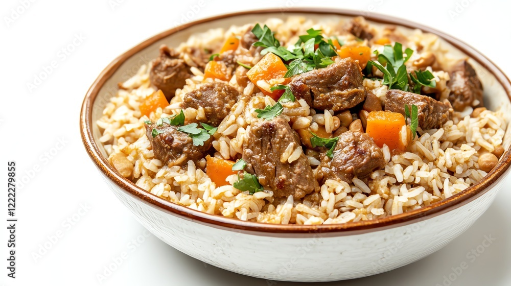 Savory beef and rice dish garnished with fresh parsley on a white background. Savory beef and rice dish garnished with fresh parsley on a white background.