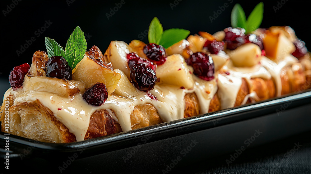 Delicious pastry topped with fruits and creamy sauce displayed on a black plate during an upscale dessert event Delicious pastry topped with fruits and creamy sauce displayed on a black plate during an upscale dessert event