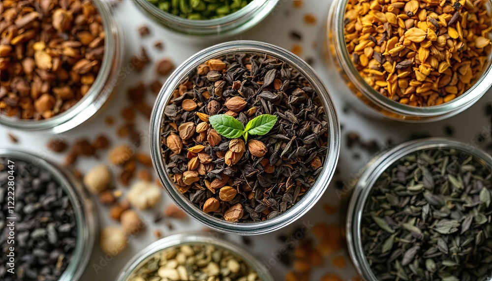 Assorted seeds in glass jars with green sprout centered Assorted seeds in glass jars with green sprout centered