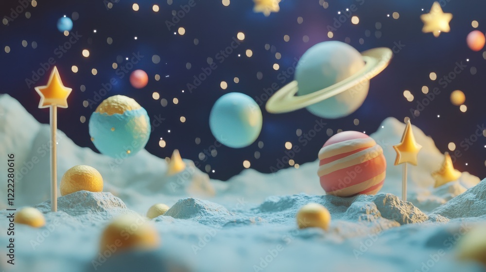 Naklejka premium Colorful Fantasy Scene with Planets and Stars in Outer Space Landscape