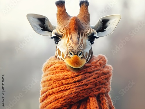 giraffe portrait, warm orange scarf, snowy background, whimsical animal photography