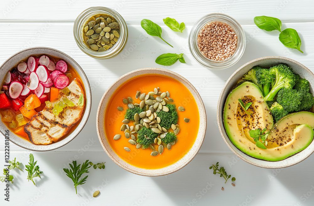Vibrant Flat Lay of Vegetable Cream Soup Bowls and Avocado Toast with Fresh Green Leaves, Perfect for Health-Conscious Lunchtime Inspiration Vibrant Flat Lay of Vegetable Cream Soup Bowls and Avocado Toast with Fresh Green Leaves, Perfect for Health-Conscious Lunchtime Inspiration