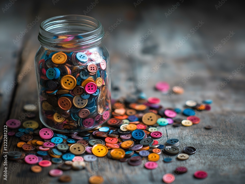colorful buttons spilled from jar, wooden background, vibrant colors colorful buttons spilled from jar, wooden background, vibrant colors