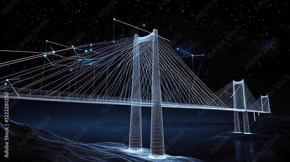 Obraz premium A clean design featuring a digital rendering of a suspension bridge with an engineering overlay.