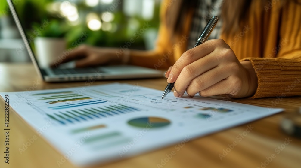 Analyzing Financial Data: A Close-Up of a Woman Reviewing Charts and Graphs on her Laptop Analyzing Financial Data: A Close-Up of a Woman Reviewing Charts and Graphs on her Laptop