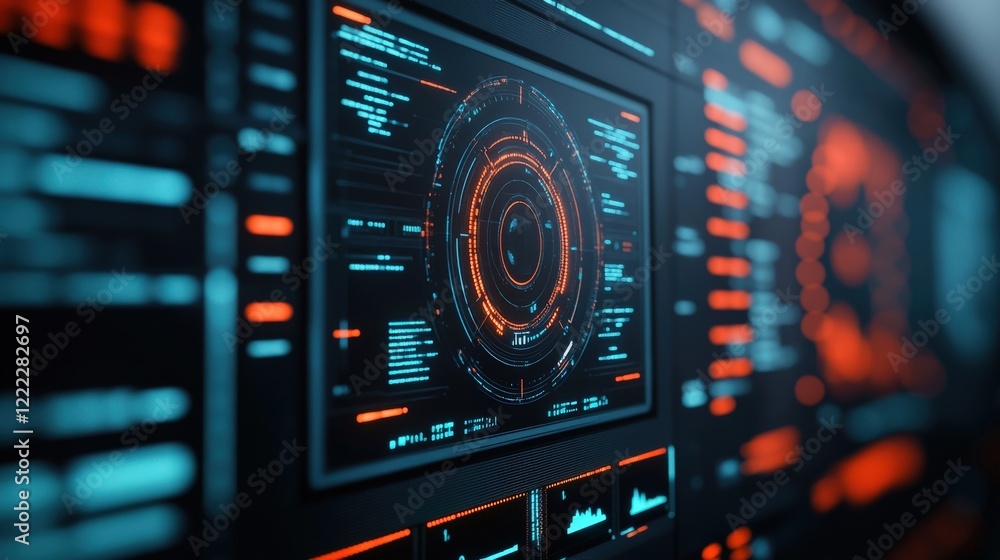 Fototapeta premium Futuristic Digital Interface Display with Circular Graphic Elements and Data Visualizations in Blue and orange hues