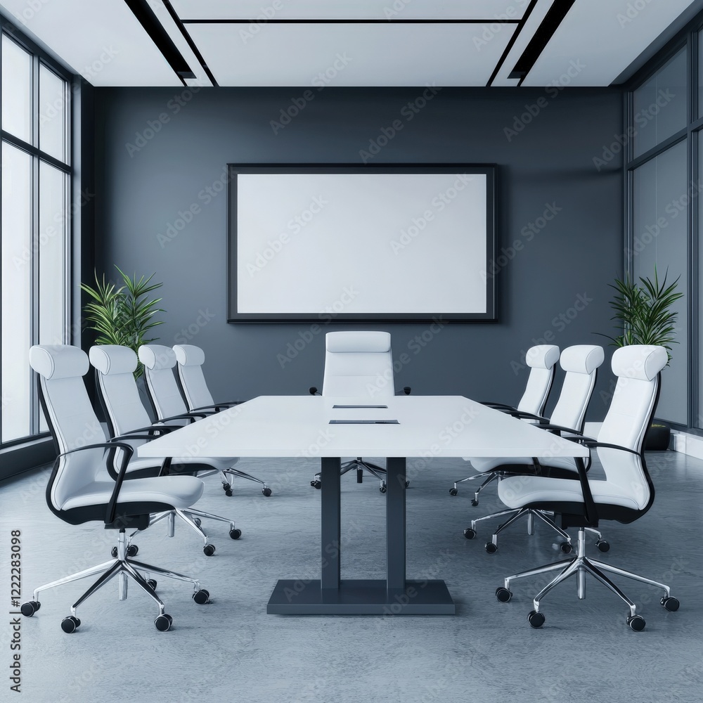 Modern Conference Room Interior with Large Table, Stylish Chairs, White Board and Bright Natural Light Modern Conference Room Interior with Large Table, Stylish Chairs, White Board and Bright Natural Light