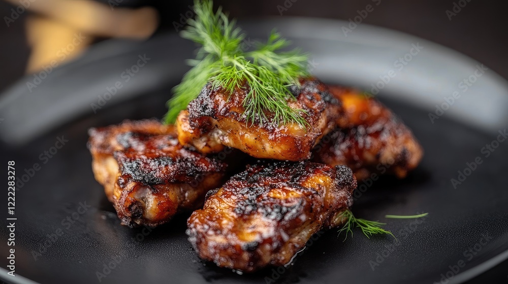 A close-up view of crispy fried chicken thighs on a black ceramic plate with fresh dill garnish. A close-up view of crispy fried chicken thighs on a black ceramic plate with fresh dill garnish.