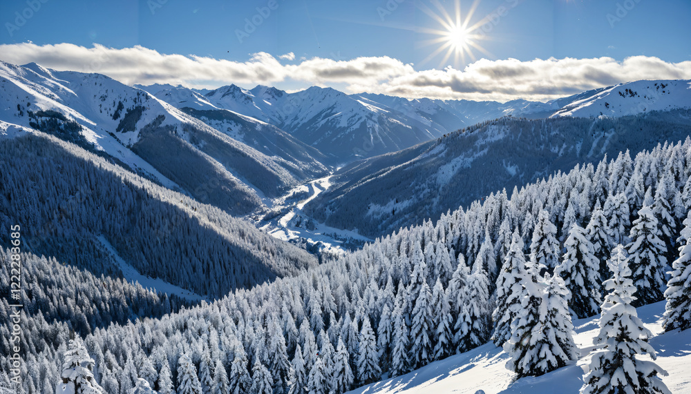 Snowy Mountain Landscape Under a Bright Sun