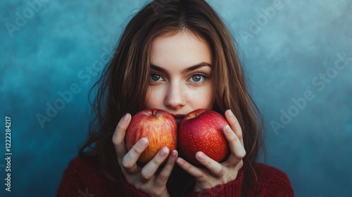 Woman holding apples with a mischievous smile photo