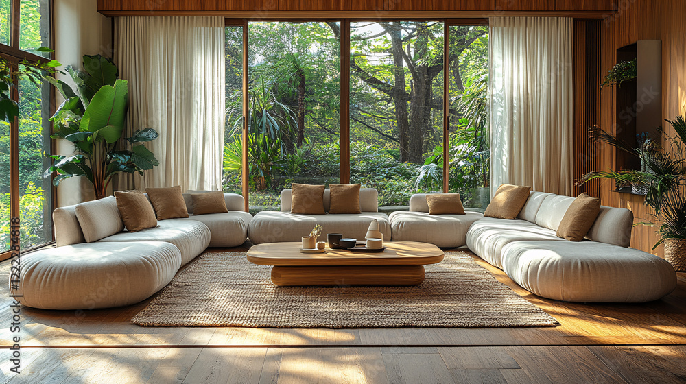 Fototapeta premium modern sectional sofa and coffee table in minimalist living room with large windows and lush greenery