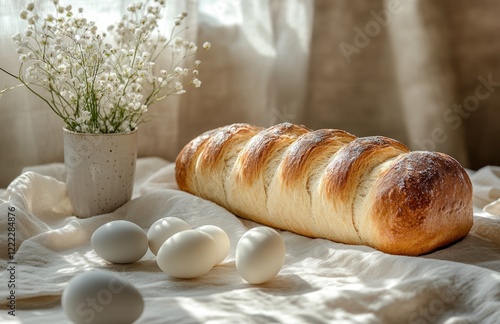 Easter Sweet Braided Bread with White and Gray Eggs on the Table photo