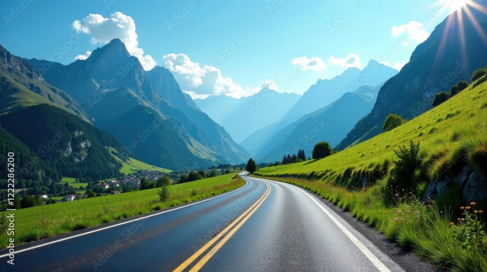 Asphalt ribbon unwinding through a verdant valley, nestled amongst majestic, sun-kissed mountains under a brilliant blue sky Asphalt ribbon unwinding through a verdant valley, nestled amongst majestic, sun-kissed mountains under a brilliant blue sky