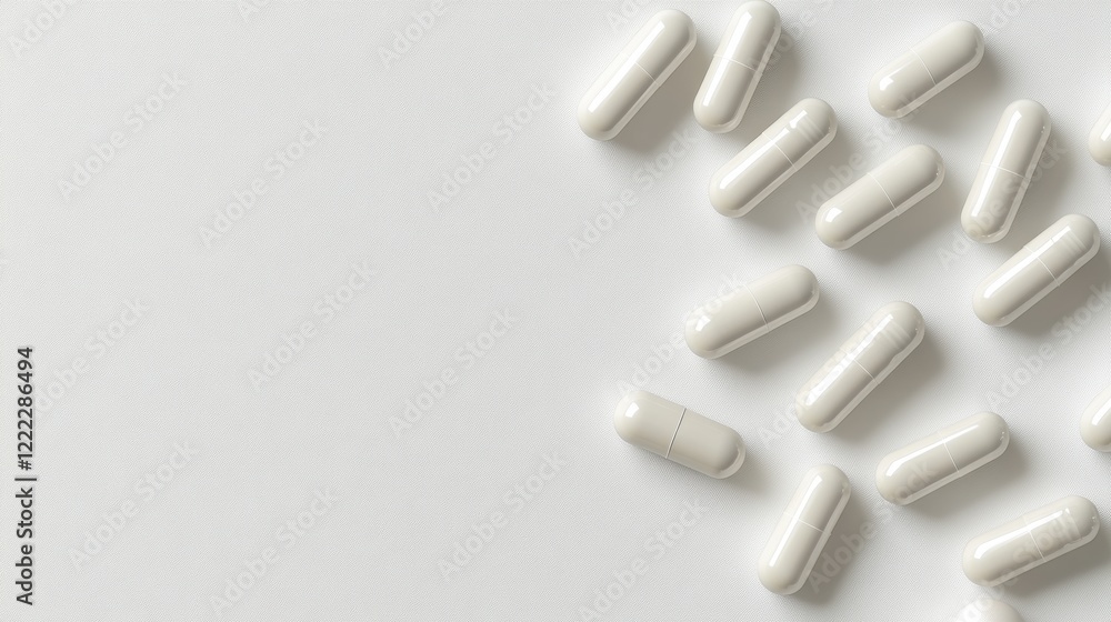 White Capsules on Light Surface for Health and Wellness Concepts White Capsules on Light Surface for Health and Wellness Concepts