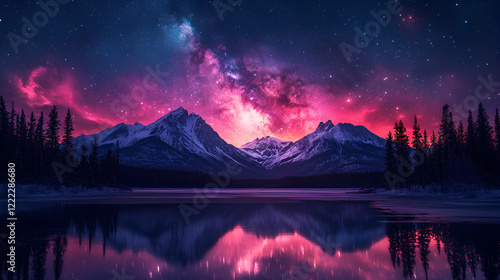  Majestic mountain landscape with cosmic sky, nebula, starry night reflection, serene lake