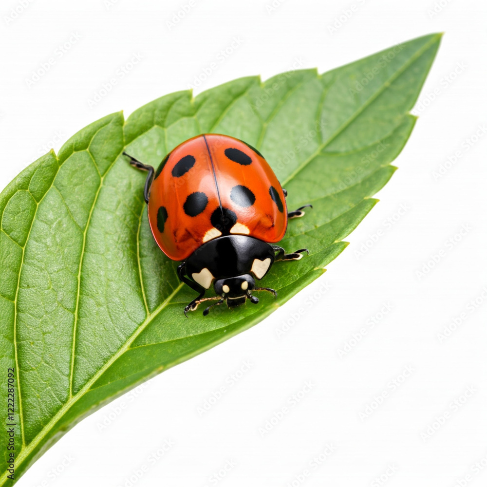 A vibrant ladybug rests upon a verdant leaf, both elements isolated against a transparent background. A vibrant ladybug rests upon a verdant leaf, both elements isolated against a transparent background.