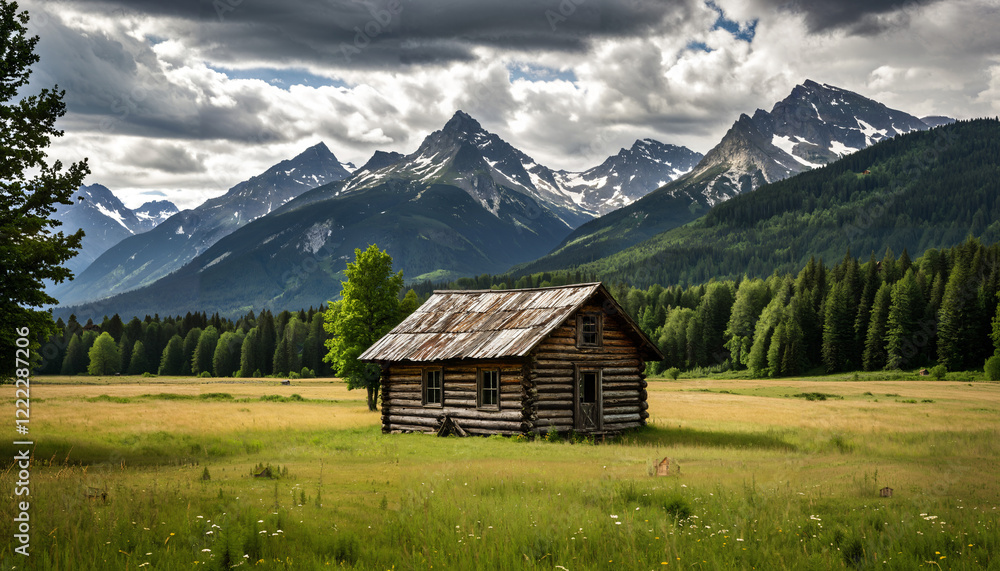 Solitary Cabin in Majestic Mountain Landscape