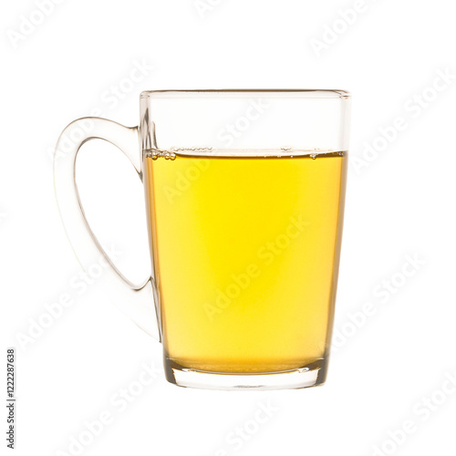 Isolated tea mug with green tea on white background, glass dish for liquids concept, copy space