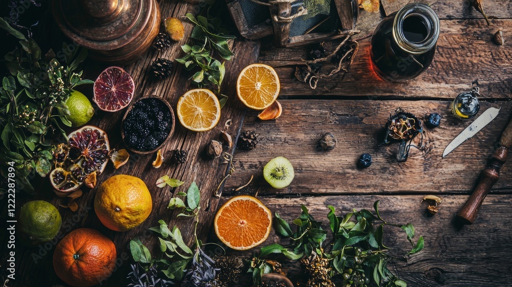 Rustic table filled with fruits, herbs, and spices Rustic table filled with fruits, herbs, and spices