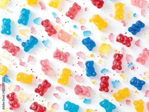 gummy candies, assorted colors and shapes, flatly, white background, vibrant texture photo