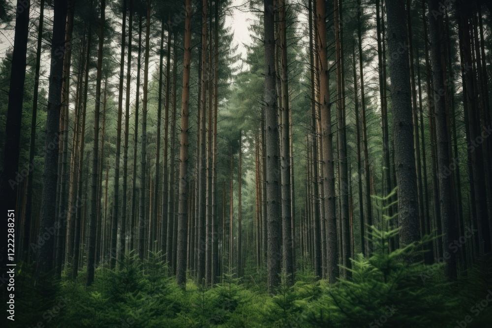 Obraz premium A forest with tall dark green pine trees nature outdoors woodland.