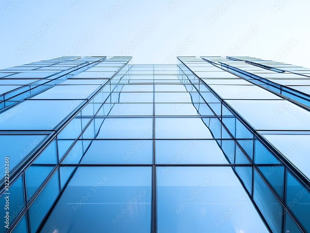 Obraz premium City Skyline Dominated by Tall Glass Skyscrapers Reflecting Sunrise, Modern Urban Architecture with Futuristic Aesthetic in a Serene Morning Glow