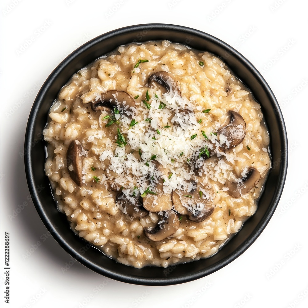 A bowl of creamy mushroom risotto with parmesan cheese, isolated white background, modern art style A bowl of creamy mushroom risotto with parmesan cheese, isolated white background, modern art style