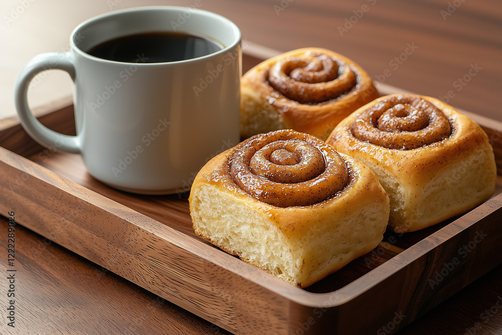 Freshly baked cinnamon rolls served with a cup of black coffee on a wooden tray in a cozy setting Freshly baked cinnamon rolls served with a cup of black coffee on a wooden tray in a cozy setting