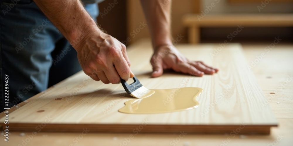 Close-up of hands applying a coat of wood finish to a light-colored wood surface using a small brush Close-up of hands applying a coat of wood finish to a light-colored wood surface using a small brush