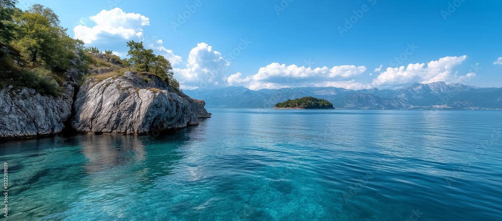 Fototapeta premium Scenic view of clear blue waters and rocky shores under a bright sky in a tranquil lake environment