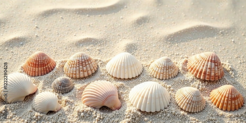 Seashells nestled in fine sand, a collection of various sizes and delicate patterns, creating a serene beach scene. Seashells nestled in fine sand, a collection of various sizes and delicate patterns, creating a serene beach scene.