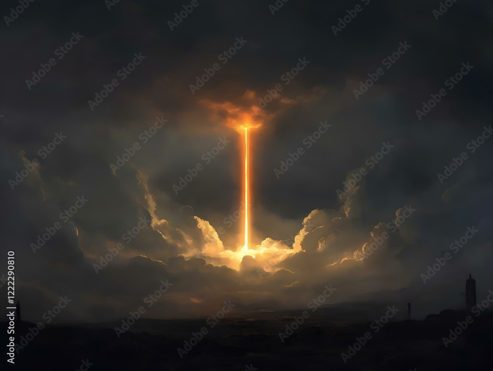 Obraz premium dramatic sky, light beam, orange and yellow tones, intense light, atmospheric perspective