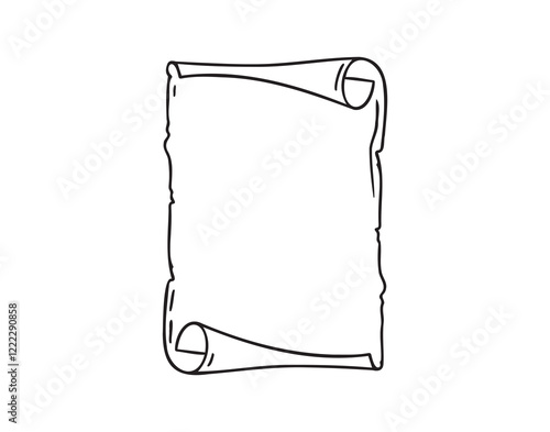 Ancient empty scroll doodle hand drawn, ancient medieval paper outline icon. Outline vector paper scroll, papyrus isolated empty template.