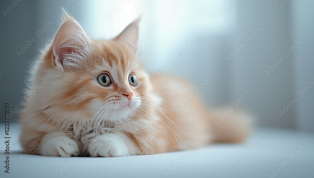 Fototapeta premium Fluffy orange kitten relaxing indoors by a softly lit window during a tranquil afternoon