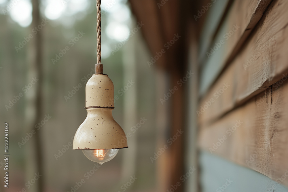 Obraz premium Unique hanging light fixture illuminates rustic cabin porch surrounded by trees in soft evening light