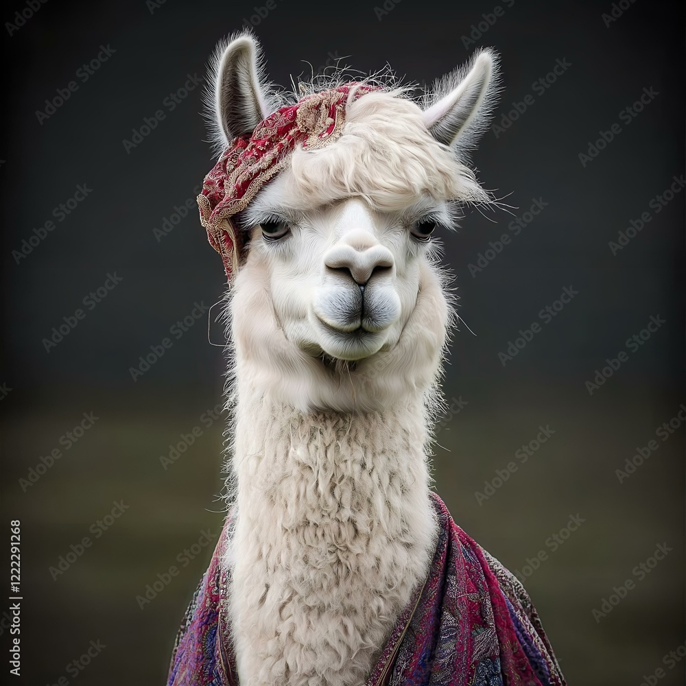 Obraz premium alpaca portrait, white fleece, red bandana, neutral background, playful expression