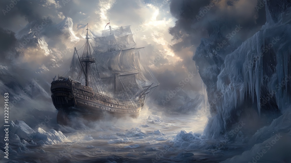 Fototapeta premium Frozen in Time: A solitary sailing ship battles against a treacherous, icy landscape. The vessel, caught in the frozen grip of the Arctic.