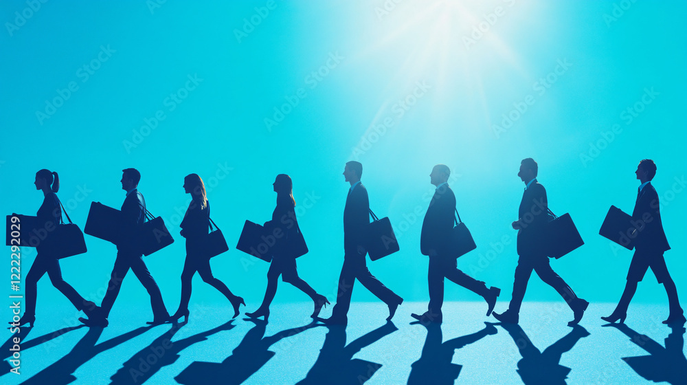 Obraz premium row of businesspeople silhouettes walking in formation carrying briefcases with sunlight shining above 