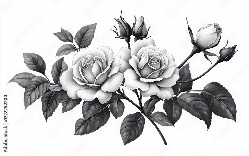 Obraz premium A monochrome vector illustration of roses with bold, open blooms and thick, winding stems, crafted in a vintage wood engraving style using pen and ink, with deep contrasts and textured shading