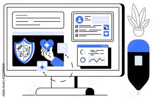 Computer screen shows health dashboard with medical icons, patient info, charts, and vitals. Potted plant and IV bag nearby. Ideal for healthcare technology, medical software, patient care