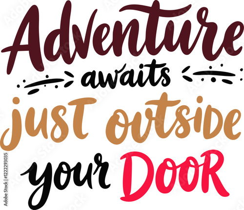 Whimsical door sign with the phrase "Adventure awaits just outside your door" for wanderlust and positivity.