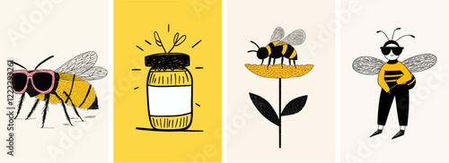 Cute summer bumble bee doodle hand drawn style illustration