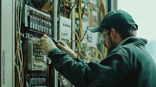 Electrician repairing industrial electrical panel, workplace, safety
