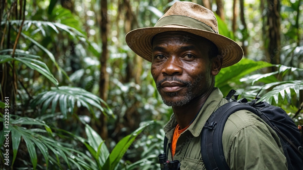Traveler engages with vibrant nature while trekking through dense tropical forest, exploring hidden wonders and embracing adventure on a sunny day Traveler engages with vibrant nature while trekking through dense tropical forest, exploring hidden wonders and embracing adventure on a sunny day