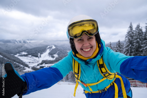 Smiling Skier on Snowy Slope