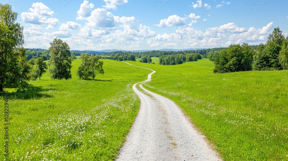 Winding gravel road through green meadow, sunny day, hills in background, idyllic landscape, perfect for travel brochures Winding gravel road through green meadow, sunny day, hills in background, idyllic landscape, perfect for travel brochures