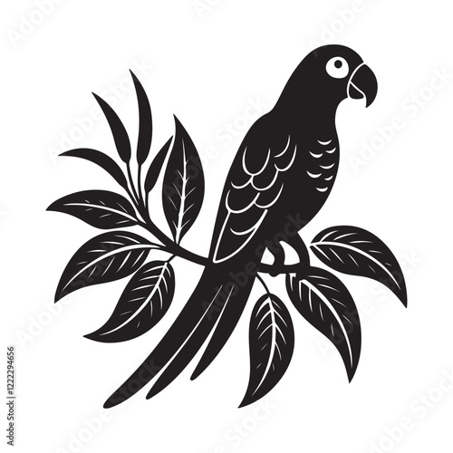 Parrot Perched On Branches, Vector Illustration silhouette, silhouette illustration of a tropical parrot