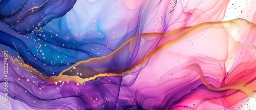 Vibrant abstract curved background with blue and purple waves, golden accents, bright neon colors for creative designs and clean wallpapers.