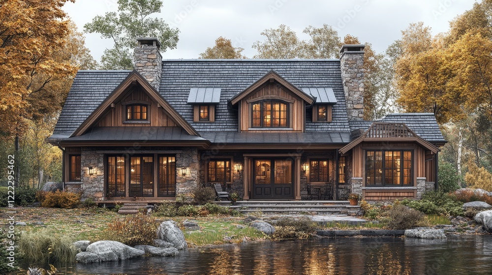 Obraz premium House with a scenic lake view surrounded by trees and greenery in a tranquil landscape setting