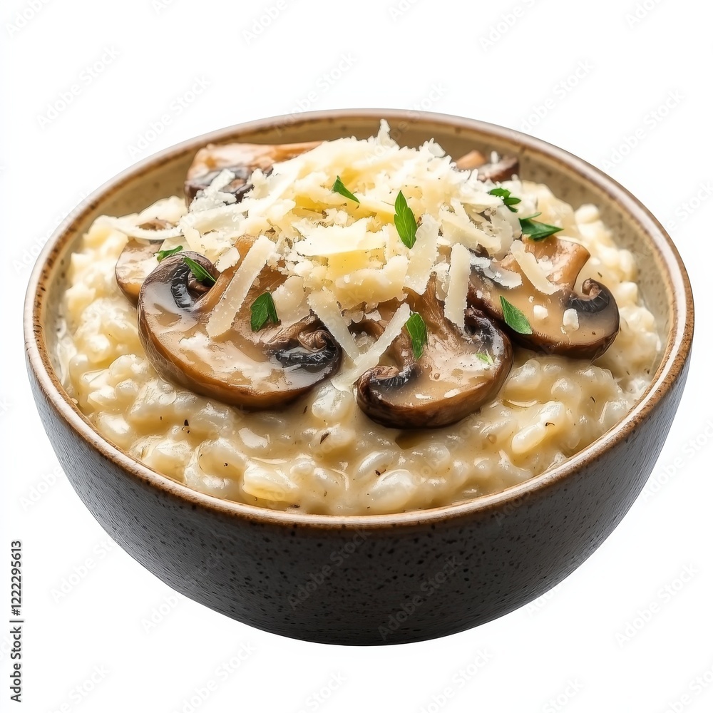 A bowl of creamy mushroom risotto with parmesan cheese, isolated white background, modern art style A bowl of creamy mushroom risotto with parmesan cheese, isolated white background, modern art style
